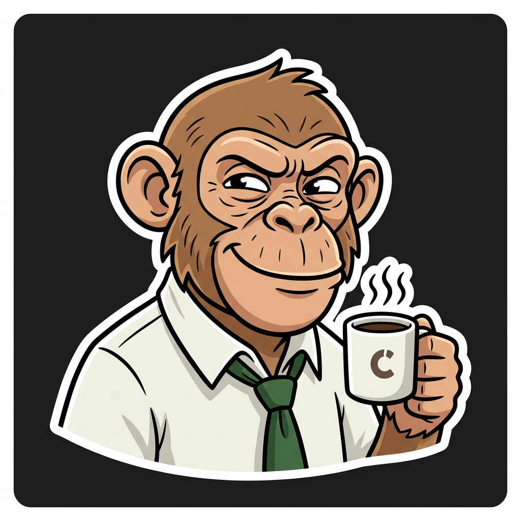 Office Monkey smirking with a coffee mug